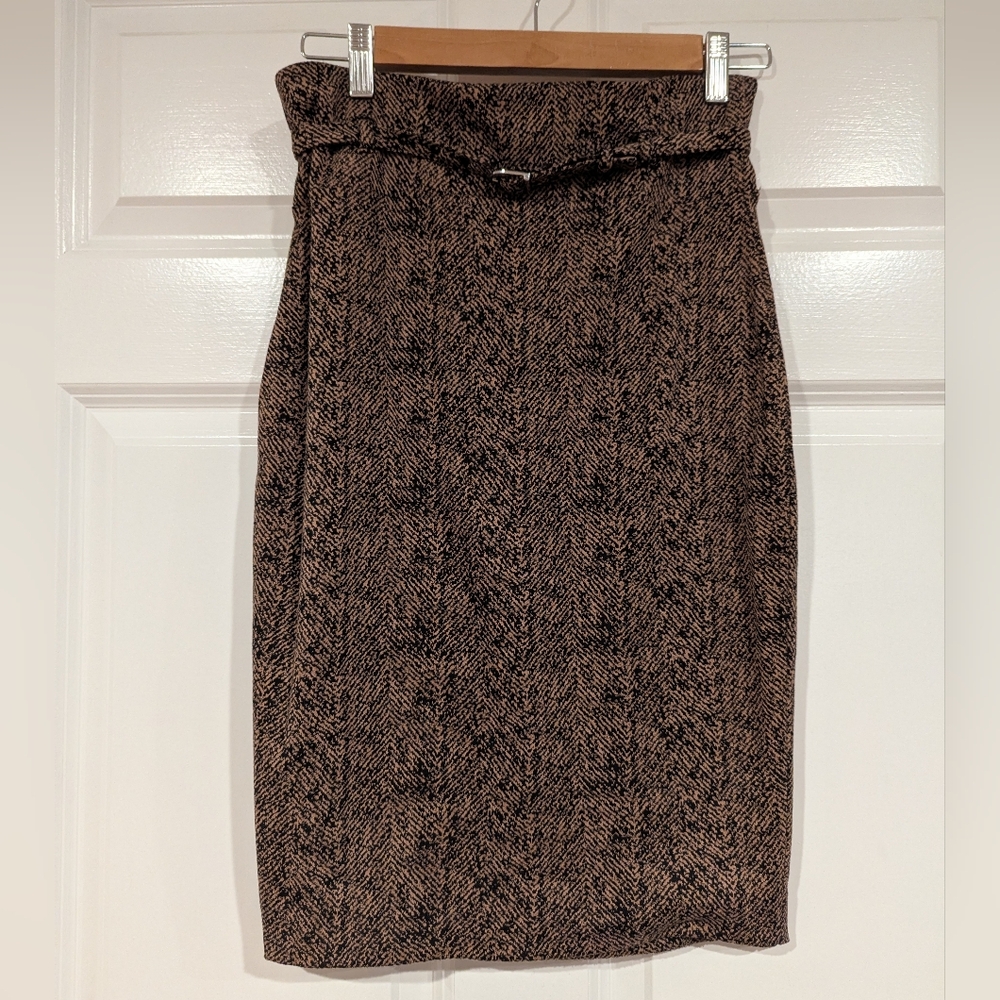Express Belted Brown Herringbone Pencil Skirt Size Small